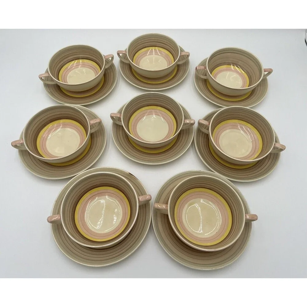 Vintage Susie Cooper Crown Works Cream Soup Bowls & Saucers Wedding Band